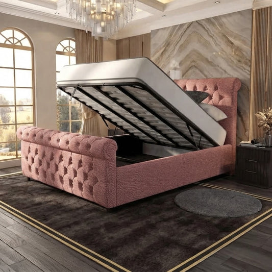 Buckingham Upholstered Ottoman Bed - Soft Pink Plush Velvet