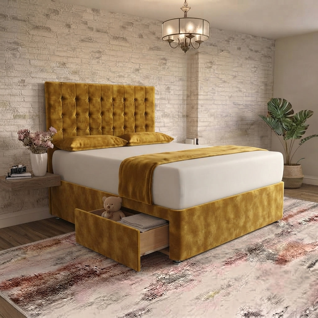 Cube Divan Bed - Tumeric Plush Velvet