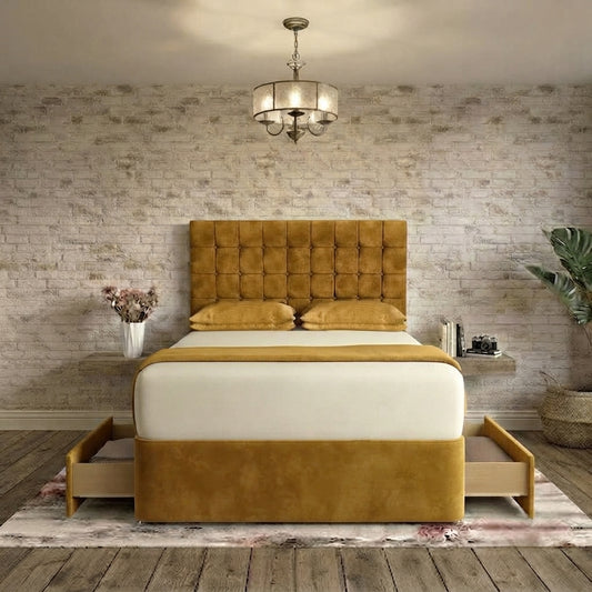 Cube Divan Bed - Tumeric Plush Velvet