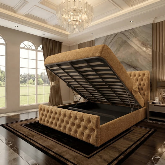 Cumbria Wingback Upholstered Ottoman Bed - Beige Plush Velvet