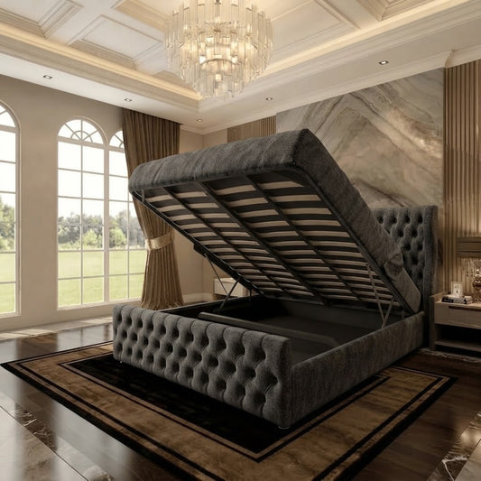 Cumbria Wingback Upholstered Ottoman Bed - Charcoal Plush Velvet
