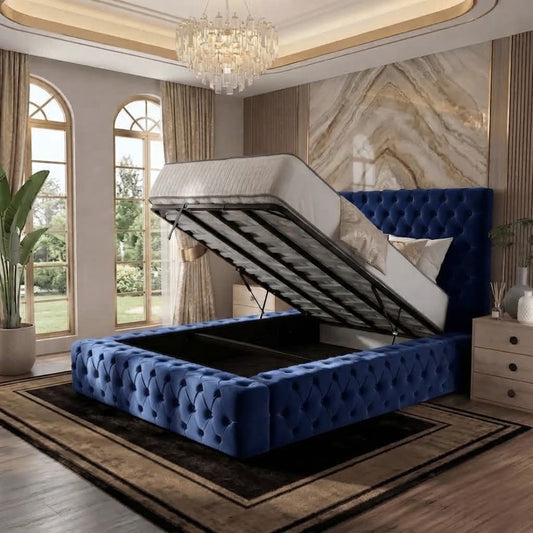 Diplomat Upholstered Ottoman Bed - Blue Plush Velvet