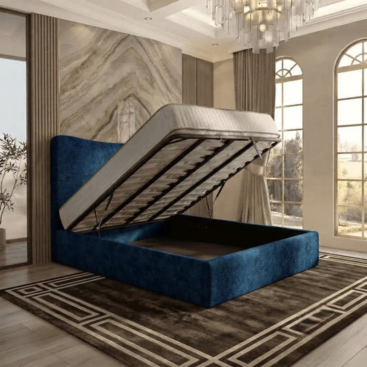 Haven Upholstered Ottoman Bed - Blue Plush Velvet