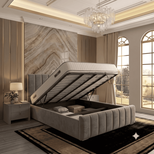 Monaco Upholstered Ottoman Bed - Beige Plush Velvet