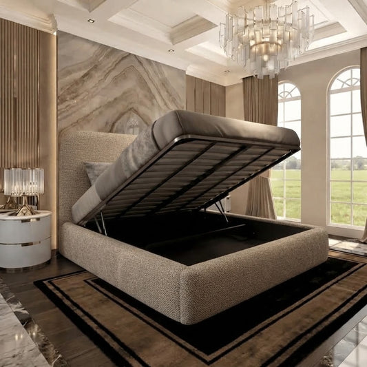 Nimbus Upholstered Ottoman Bed - Beige Plush Velvet