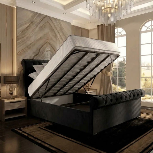 Perl Chesterfield Upholstered Ottoman Bed - Black Plush Velvet