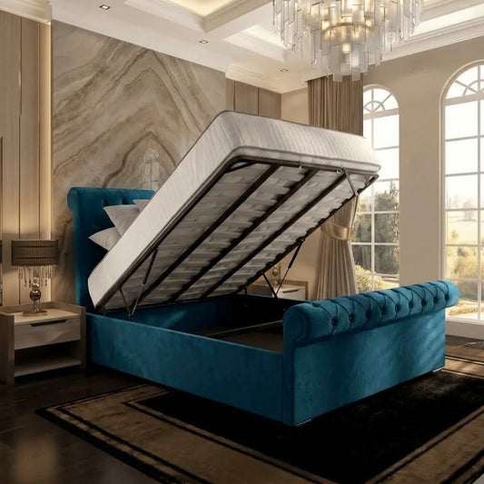 Perl Chesterfield Upholstered Ottoman Bed - Blue Plush Velvet