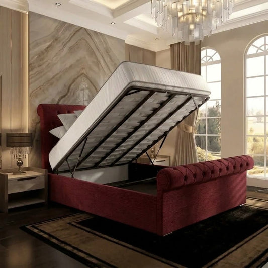 Perl Chesterfield Upholstered Ottoman Bed - Burgundy Plush Velvet