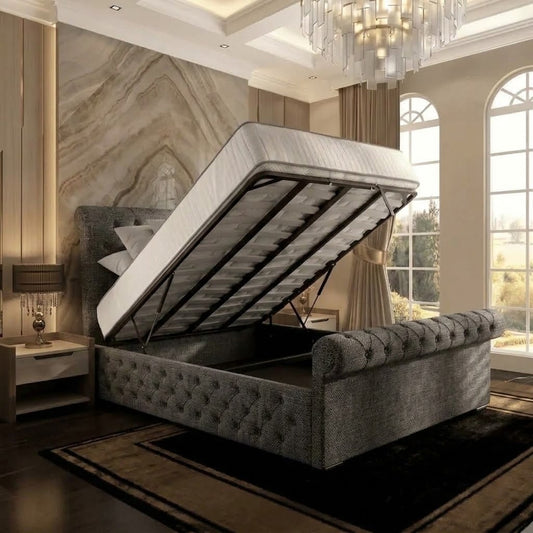 Perl Chesterfield Upholstered Ottoman Bed - Charcoal Linen