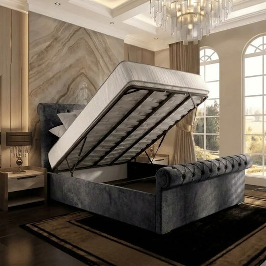 Perl Chesterfield Upholstered Ottoman Bed - Charcoal Plush Velvet