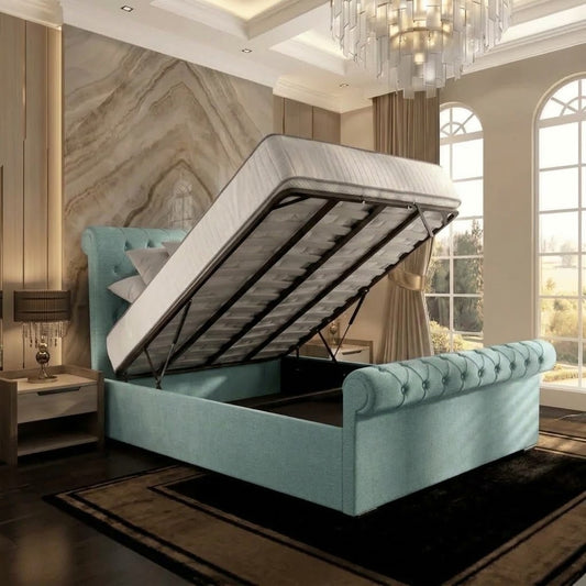 Perl Chesterfield Upholstered Ottoman Bed - Duck Egg Plush Velvet