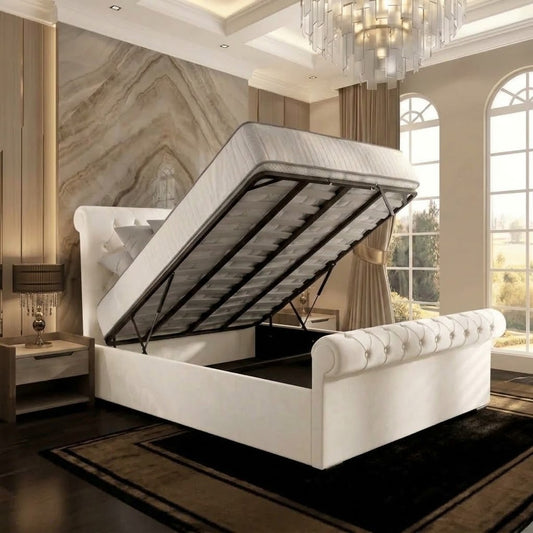 Perl Chesterfield Upholstered Ottoman Bed - Ivory Plush Velvet
