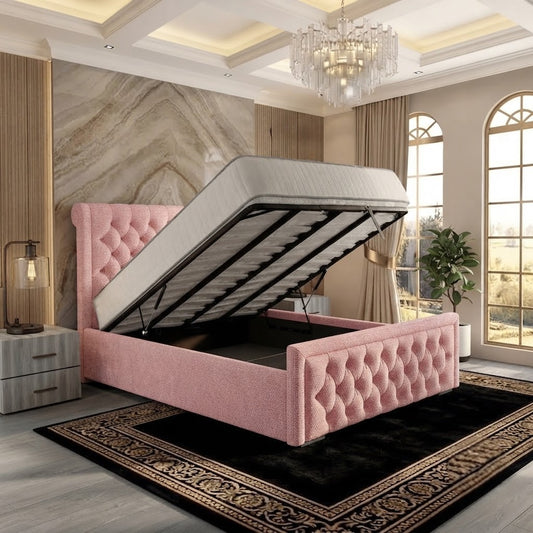 Silk Upholstered Ottoman Bed - Soft Pink Plush Velvet