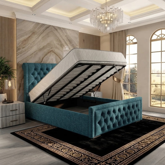 Silk Upholstered Ottoman Bed - Teal Linen