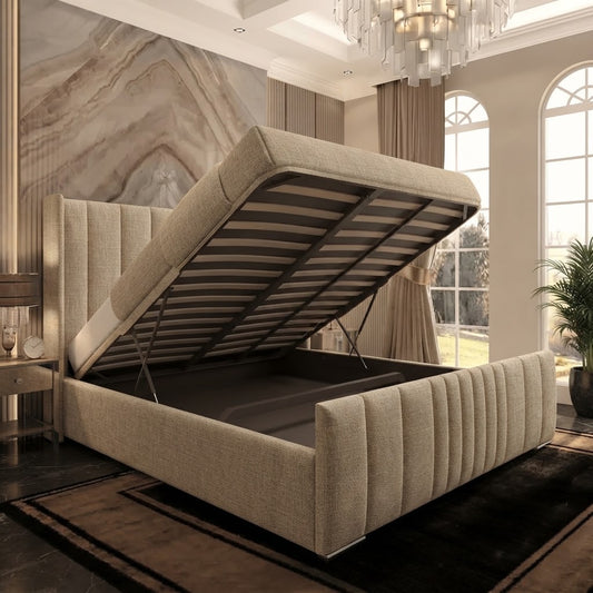Skyline Wingback Upholstered Ottoman Bed - Beige Plush Velvet