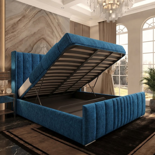 Skyline Wingback Upholstered Ottoman Bed - Blue Naples