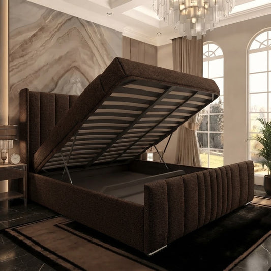 Skyline Wingback Upholstered Ottoman Bed - Brown Naples