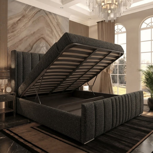 Skyline Wingback Upholstered Ottoman Bed - Charcoal Linen