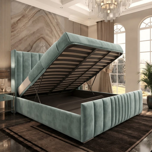 Skyline Wingback Upholstered Ottoman Bed - Duck Egg Plush Velvet