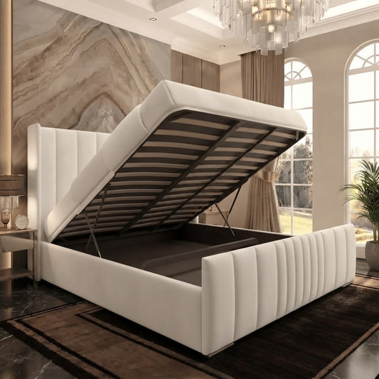 Skyline Wingback Upholstered Ottoman Bed - Ivory Plush Velvet