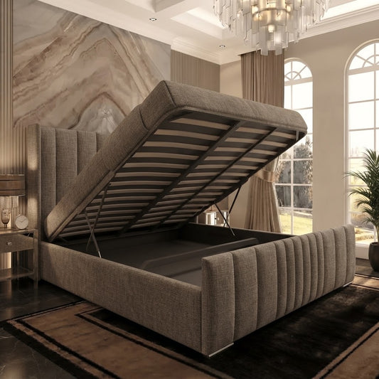 Skyline Wingback Upholstered Ottoman Bed - Light Grey Plush Velvet