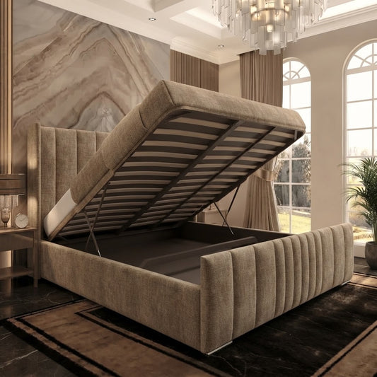 Skyline Wingback Upholstered Ottoman Bed - Mink Chenille