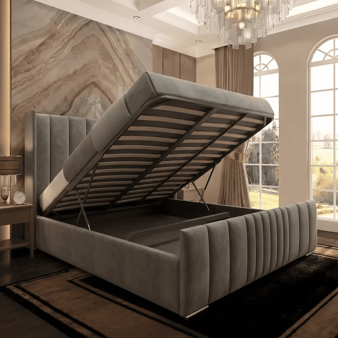 Skyline Wingback Upholstered Ottoman Bed