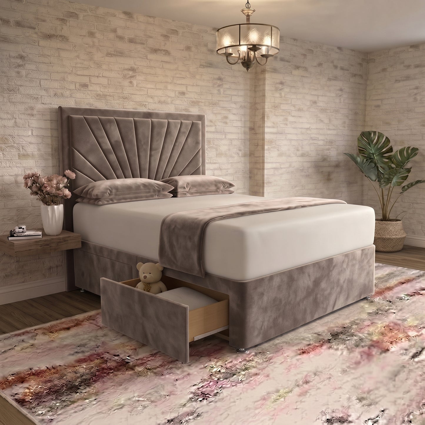 Sunrise Divan Bed - Light Grey Plush Velvet