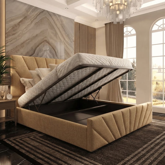 Sunrise Upholstered Ottoman Bed - Beige Plush Velvet