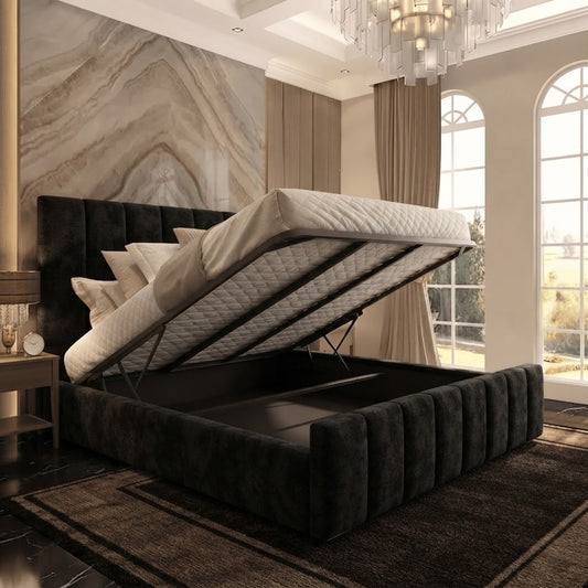 Sunrise Upholstered Ottoman Bed - Black Plush Velvet