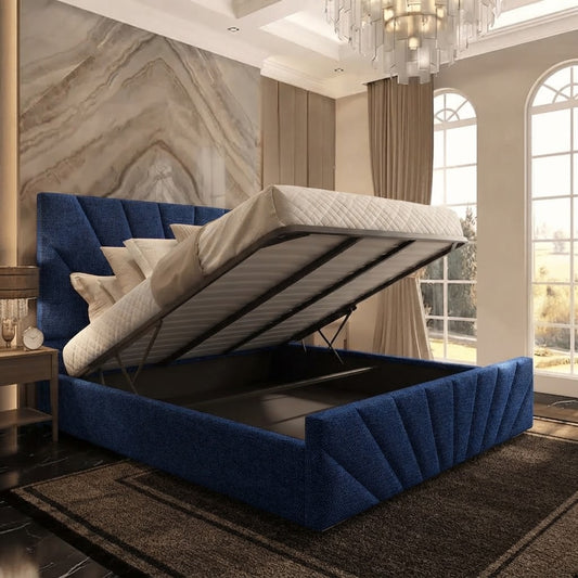 Sunrise Upholstered Ottoman Bed - Blue Plush Velvet