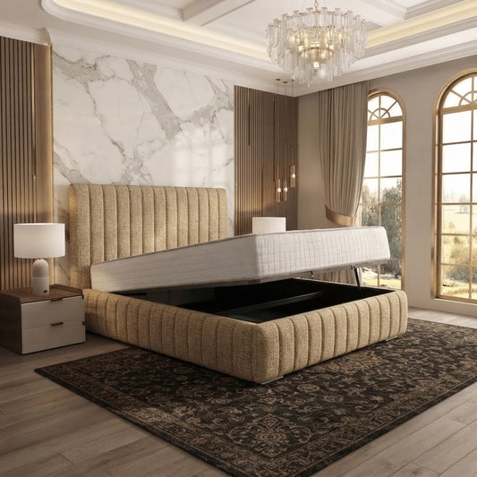 Verona Flute Upholstered Ottoman Bed - Beige Plush Velvet