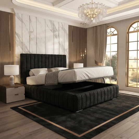 Verona Flute Upholstered Ottoman Bed - Black Chenille
