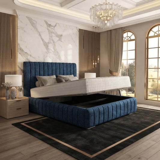 Verona Flute Upholstered Ottoman Bed - Blue Chenille