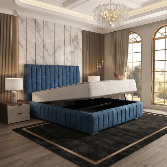 Verona Flute Upholstered Ottoman Bed - Blue Naples