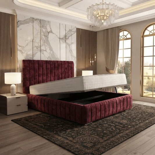 Verona Flute Upholstered Ottoman Bed - Burgundy Plush Velvet