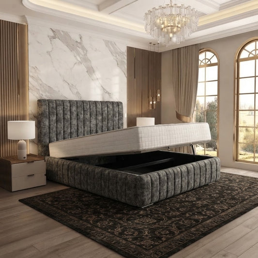 Verona Flute Upholstered Ottoman Bed - Charcoal Plush Velvet
