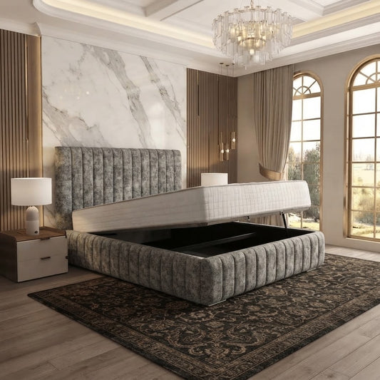 Verona Flute Upholstered Ottoman Bed - Charcoal Chenille