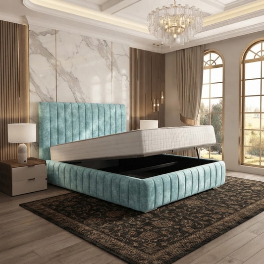 Verona Flute Upholstered Ottoman Bed - Duck Egg Plush Velvet