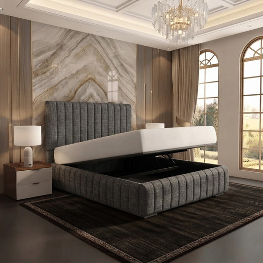 Verona Flute Upholstered Ottoman Bed - Graphite Linen