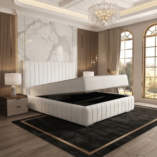 Verona Flute Upholstered Ottoman Bed - Ivory Plush Velvet