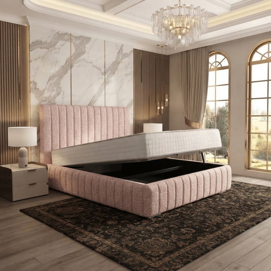 Verona Flute Upholstered Ottoman Bed - Soft Pink Plush Velvet