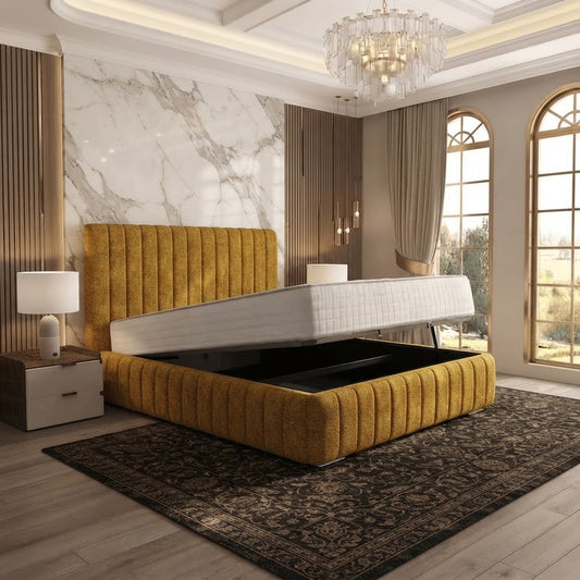 Verona Flute Upholstered Ottoman Bed - Tumeric Plush Velvet