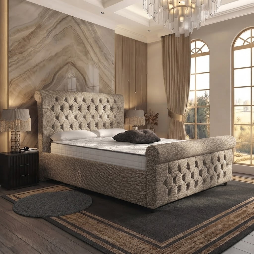Buckingham Upholstered Ottoman Bed - Beige Plush Velvet
