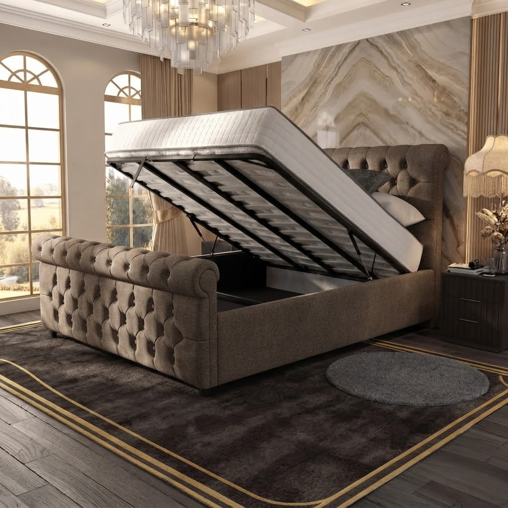 Buckingham Upholstered Ottoman Bed - Beige Plush Velvet