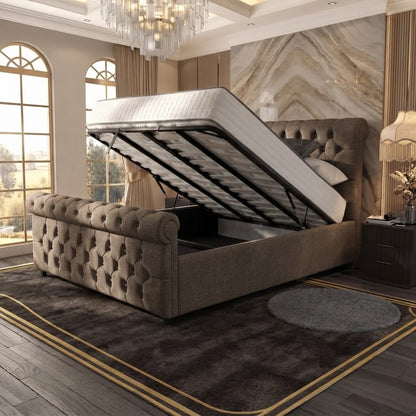 Buckingham Upholstered Ottoman Bed - Beige Plush Velvet
