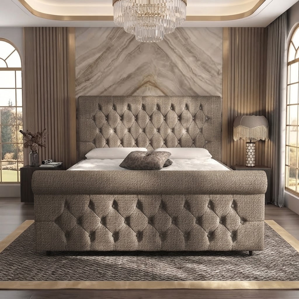 Buckingham Upholstered Ottoman Bed - Beige Plush Velvet