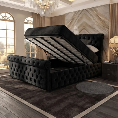 Buckingham Upholstered Ottoman Bed - Black Plush Velvet