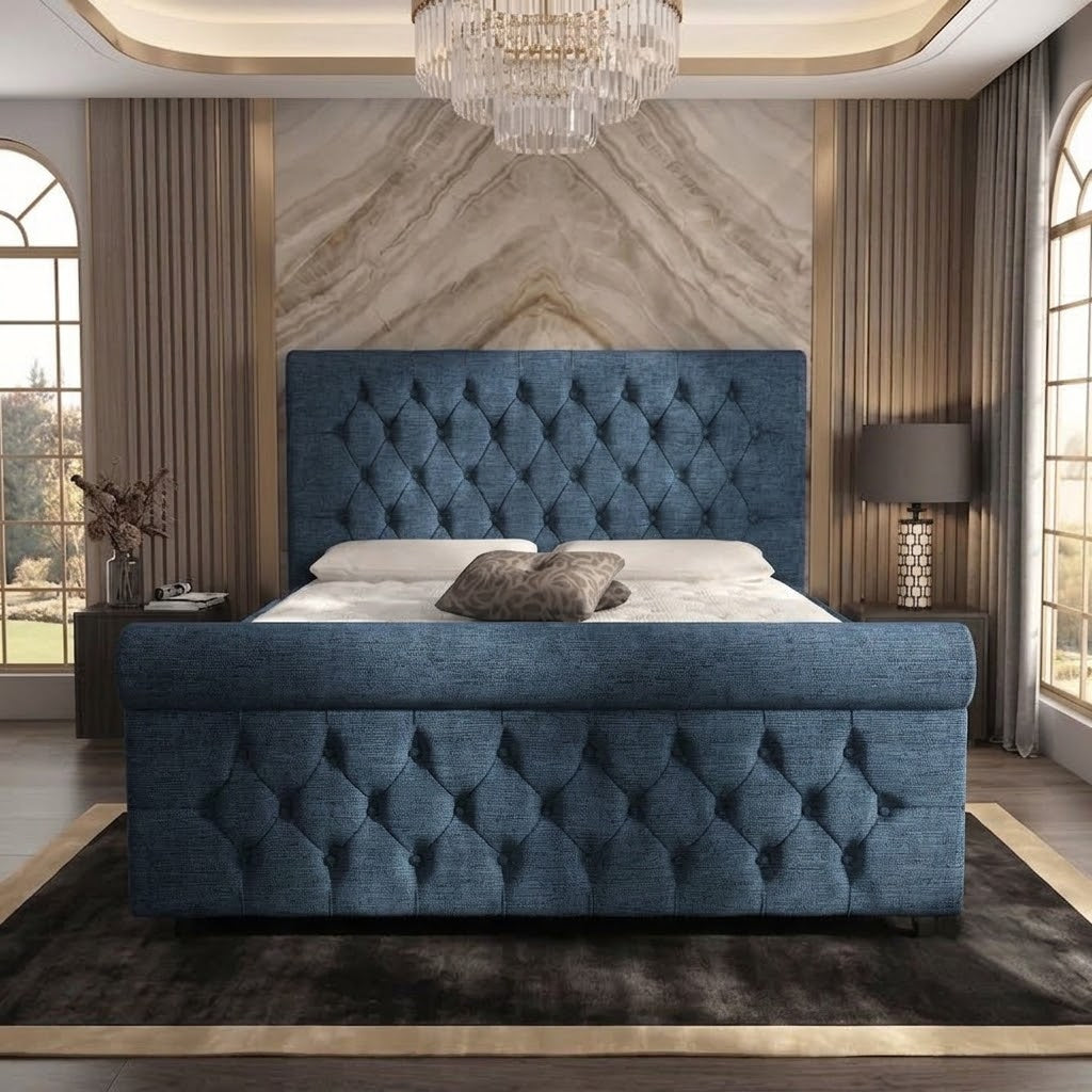 Buckingham Upholstered Ottoman Bed - Blue Chenille
