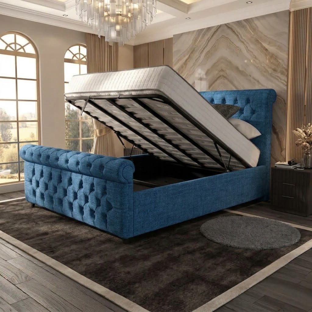 Buckingham Upholstered Ottoman Bed - Blue Naples